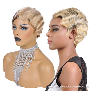 Short Curly Human Hair Wig Virgin Brazilian Human Hair Finger Wave Wigs for Black Women 613 Blonde Pixie Cut Wigs